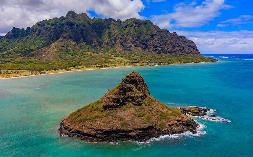Aerial View Oahu Coastline And Hat Island In Hawaii From A Helic