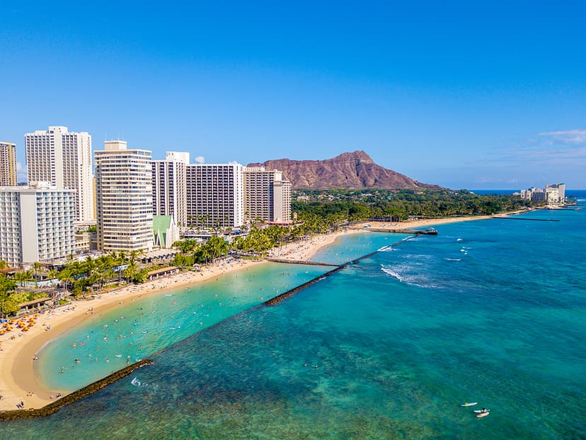 Amazing Aerial Evening View Of The Waikiki Beach In Honolulu Wit
