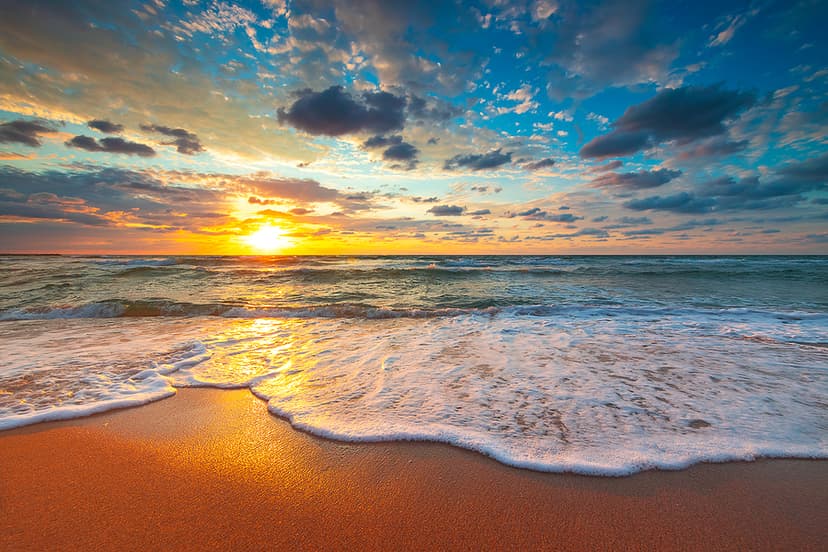 Beach Sunrise Over The Tropical Sea, Dramatic Clouds Over Ocean