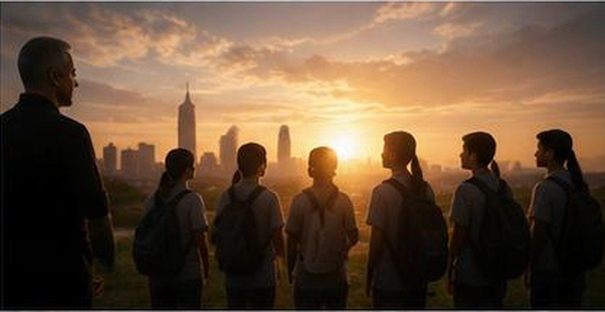 Founder looking toward students and future possibilities, showing why education matters for future generations