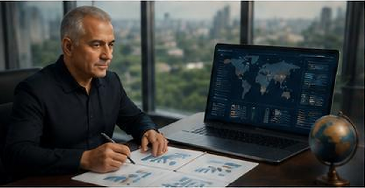 Founder analyzing global information and educational strategy for research-based planning