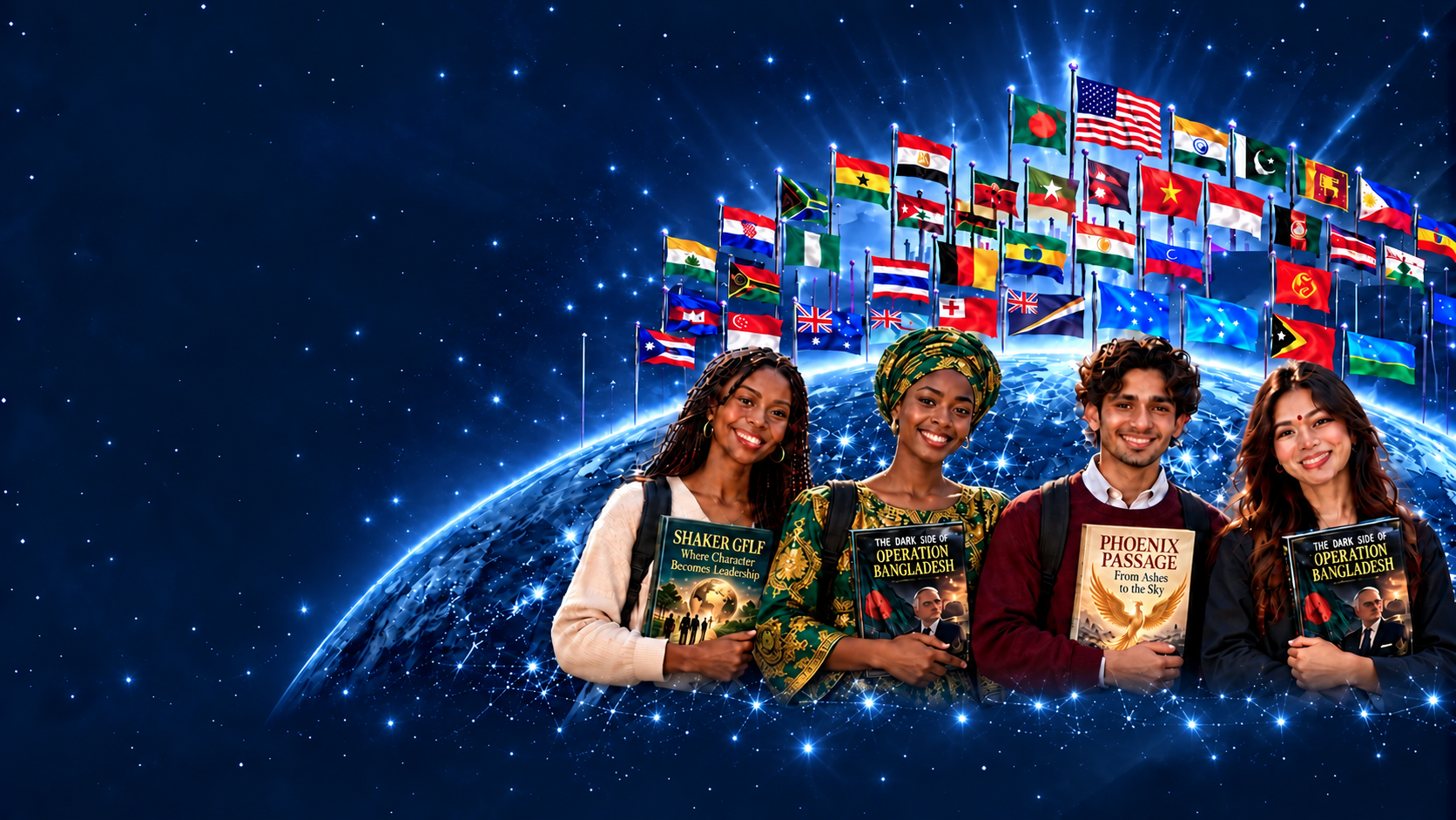 Four students holding books before a blue global network and national flags