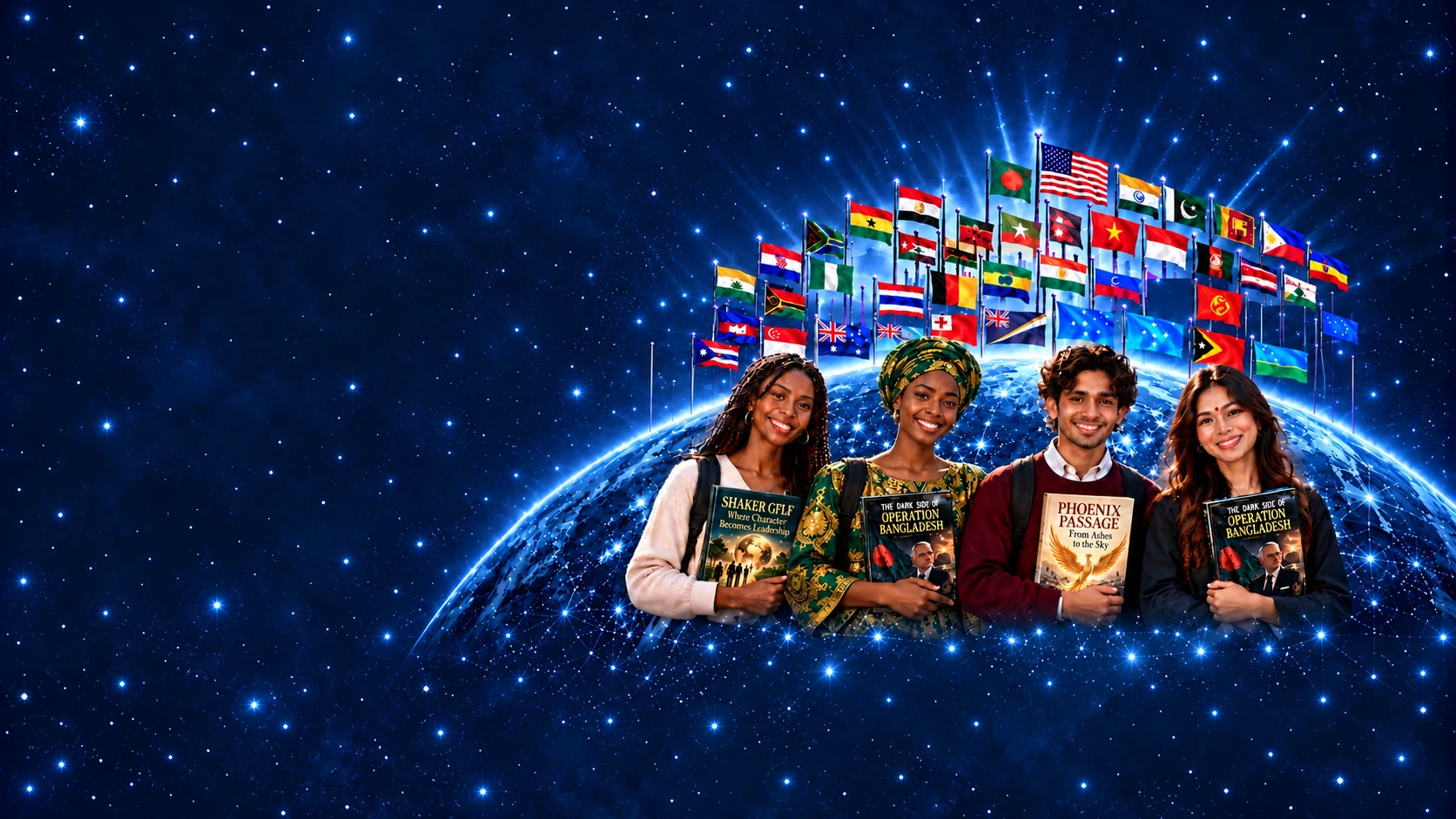 Four students holding books before a blue global network and national flags