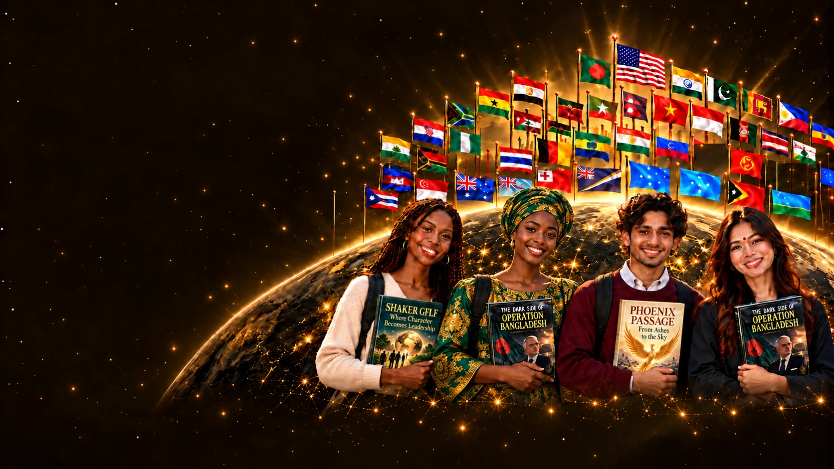 Four students holding books in front of national flags and a glowing global network